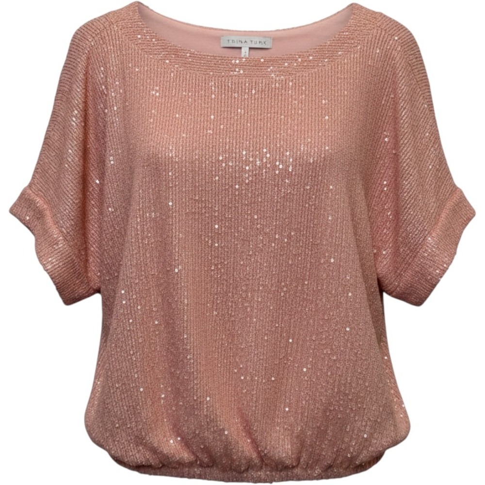 Trina Turk Womens Sprite 2 Sequin Top L Peach Short Sleeve Blouse Glam Party